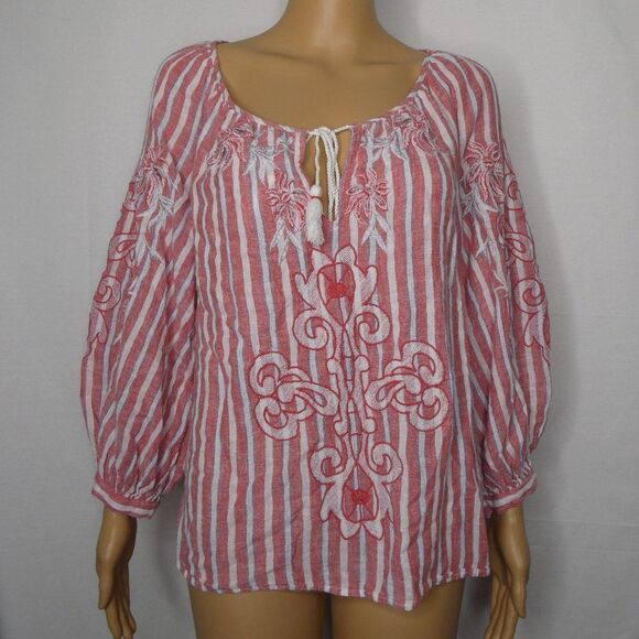 Akemi + Kin Anthropologie Audria Peasant Blouse Striped Small Embroidered Boho - Picture 1 of 11